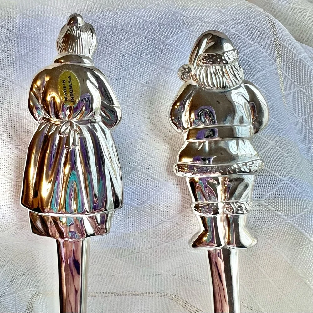 VTG Santa and Mrs. Clause Silver Plated Serving Spoon and Fork Dining Set